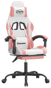 Scaun de gaming cu suport picioare, alb roz, piele ecologica