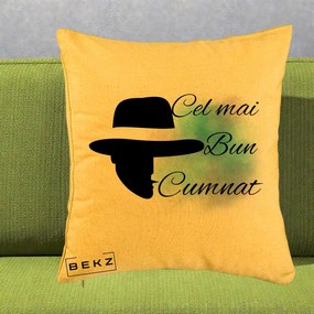 Cadou pentru Cumnat - Perna Personalizata Cel mai Bun Cumnat cu Silueta Palarie si Pete Teal-Roz, 40x40 cm, Galben, Husa Detasabila, Perna Inclusa, BEKZ®
