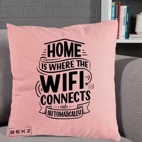 Perna Decorativa Home Is Where WiFi Connects, 40x40 cm, Roz, Husa Detasabila, Perna Inclusa, BEKZ®
