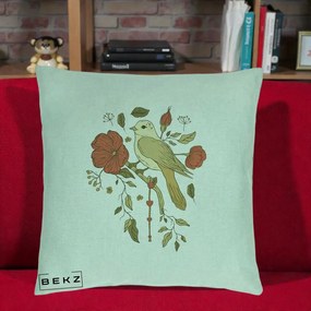 Perna Decorativa Pasare pe Ramura cu Maci, 40x40 cm, Verde Menta, Husa Detasabila, Perna Inclusa, BEKZ®