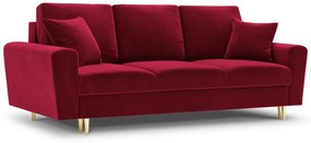 Canapea  extensibila 3 locuri Moghan cu tapiterie din catifea, picioare din metal auriu, rosu