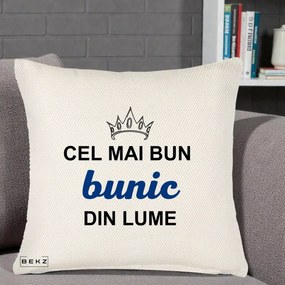 Cadou pentru Bunic - Perna Personalizata Cel Mai Bun Bunic Din Lume Coroana Albastra, 40x40 cm, Crem Reliefat, Husa Detasabila, Perna Inclusa, BEKZ®