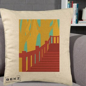 Perna Decorativa Scari Toamna Peisaj Grafic, 40x40 cm, Bej, Husa Detasabila, Perna Inclusa, BEKZ®