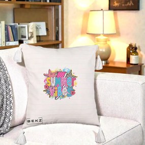 Perna Decorativa Summer Vibes Colorata, 40x40 cm, Bej cu Franjuri, Husa Detasabila, Perna Inclusa, BEKZ®