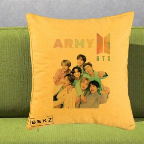 Perna Personalizata K-pop BTS ARMY Fotografie Grup Veseli, 40x40 cm, Galben, Husa Detasabila, Perna Inclusa, BEKZ®