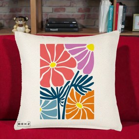Perna Decorativa Flori Grafice Roz-Orange-Albastru, 40x40 cm, Crem Reliefat, Husa Detasabila, Perna Inclusa, BEKZ®
