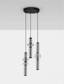 Lustra moderna cu 3 pendule LED, Metal, Negru, Sticla, Fumurie, Ulon