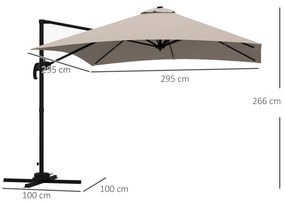Outsunny Umbrelă de Soare cu 8 Lamele cu Pedală și Manivelă, Umbrelă de Soare din Aluminiu și Poliester, 295x295x266 cm, Kaki