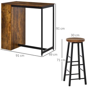 HOMCOM Set Masă Industrială 3 Piese, Masă de Bar cu Raft Depozitare și 2 Scaune, Maro Rustic, Design Compact | Aosom Romania