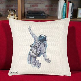 Perna Decorativa Astronaut Acuarela Zbor, 40x40 cm, Crem Reliefat, Husa Detasabila, Perna Inclusa, BEKZ®