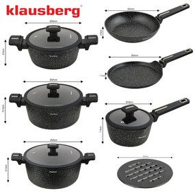 Set de oale și tigăi Klausberg KB 7966, 12 bucăți, Turnat, Acoperire antiaderentă din marmură, Inducție, Negru