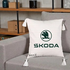 Perna Personalizata cu emblema Skoda, 40x40 cm, Bej cu Franjuri, Husa Detasabila, Perna Inclusa, BEKZ®