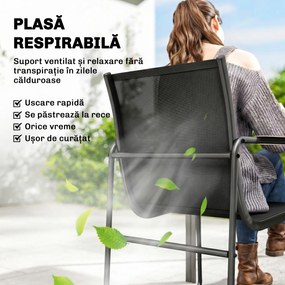 Outsunny Set Masă și Scaune de Grădină 7 Piese, Set Prânz Exterior cu Masă din Sticlă Temperată, 6 Scaune din Texteline Respirabil, Cotiere Decorative, Structură din Oțel pentru Terasă Balcon, Negru | Aosom Romania