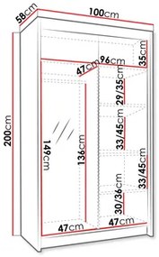 Dulap de haine cu uși culisante Monata III 100 (Cașmir + auriu) (cu oglindă). 1105743