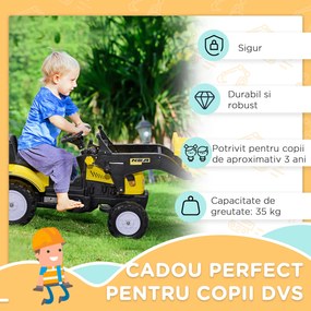 HOMCOM Excavator cu Pedale pentru Copii de 3 Ani cu Cupă Frontală și Volan, 114x41x52 cm, Galben | Aosom Romania