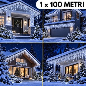 Instalație de Crăciun, 1 x 100 metri, franjuri tip țurțuri, fir gros, cu flash, exterior, alb rece