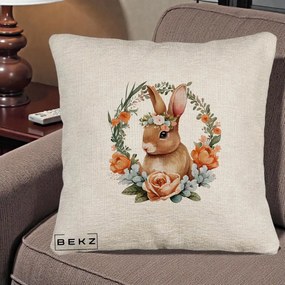 Perna Decorativa Iepuras Floral Coronita Acuarela, 40x40 cm, Bej Canapea, Husa Detasabila, Perna Inclusa, BEKZ®