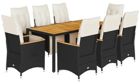 3276964 vidaXL Set bistro de grădină, 9 piese, cu perne, negru, poliratan