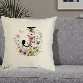 Cadou Personalizat - Perna Personalizata Monogram Litera J cu Flori Acuarela, 40x40 cm, Ecru, Husa Detasabila, Perna Inclusa, BEKZ®