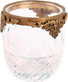 Suport lumânare pastilă din sticlă decorată manual și alamă, auriu, cu margine ornamentată, aspect vintage, finisaj antichizat, 10 x 9 cm, „Rosalie”