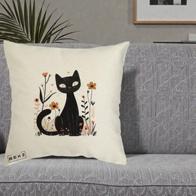 Perna Decorativa Pisica Neagra Flori Pastel Folk, 40x40 cm, Ecru, Husa Detasabila, Perna Inclusa, BEKZ®