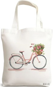 Sacosa de Panza pentru Cumparaturi, Geanta Tote, model Pink Bicycle, 38x34.5 cm, Alba, BEKZ®