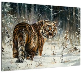 Tablou pe sticlă - Tigru într-o pădure înzăpezită, pictură în ulei (70x50 cm)