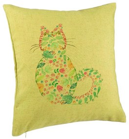 Perna Decorativa, Model Pisica cu Flori, Multicolor, 40x40 cm, Verde, Husa Detasabila, Burduf