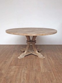 Masă dining rotundă din lemn de mango, natur, 6–8 locuri, cu picior central, finisaj décapé, 76 x 150 cm, „Valbelle”