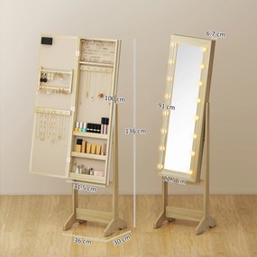 HOMCOM Oglindă Joyero cu Lumini LED Dulap pentru Bijuterii Dulap Joyero de Podea cu Oglindă Integrală Unghi Reglabil Lemn Natural | Aosom Romania