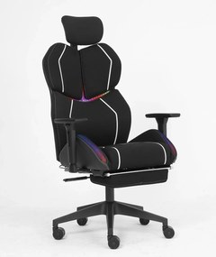 LUMINA X-Motion Pro –Scaun Gaming & Office Premium cu LED RGB, Masaj Lombar, Translație Șezut și Suport pentru Picioare – Confort Inteligent și Design Spectaculos, Textil, Negru/Alb