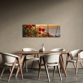Tablou cu apus de soare cu flori de maci (cu ceas) (90x30 cm)