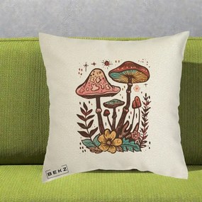 Perna Decorativa Ciuperci Boho Multicolore, 40x40 cm, Ecru, Husa Detasabila, Perna Inclusa, BEKZ®