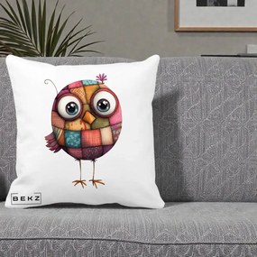 Perna Decorativa Pasare Patchwork Roz cu Floare, 40x40 cm, Alba Mata, Husa Detasabila, Perna Inclusa, BEKZ®