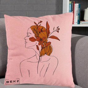 Perna Decorativa Portret Feminin Crin Ruginiu Auriu, 40x40 cm, Roz, Husa Detasabila, Perna Inclusa, BEKZ®