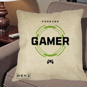 Perna Personalizata Forever Gamer, 40x40 cm, Crem, Husa Detasabila, Perna Inclusa, BEKZ®