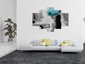 Tablou - Cuplu în dragoste cu umbrelă, albastru (150x105 cm)