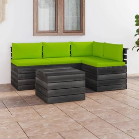 Set mobilier gradina paleti cu perne, 5 piese, lemn masiv pin verde aprins, 5