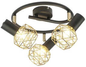 Spot de design negru cu auriu reglabil cu 3 lumini - Plasă