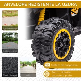 ATV electric copii HOMCOM cu cauciucuri late, masina, faruri LED, 12V ,claxon, muzica, pentru 3-5 ani, galben | Aosom Romania