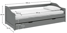 Pat cu pat suplimentar extensibil, gri, lemn masiv, 90x200, LAURA NEW
