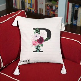 Cadou Personalizat - Perna Personalizata Monograma Florala Litera P, 40x40 cm, Bej cu Franjuri, Husa Detasabila, Perna Inclusa, BEKZ®