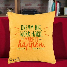 Perna Decorativa Dream Big Work Hard Mesaj Motivational, 40x40 cm, Galben, Husa Detasabila, Perna Inclusa, BEKZ®
