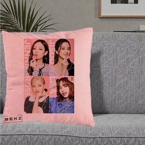 Perna Personalizata K-pop BLACKPINK Colaj 4 Portrete cu Semnature, 40x40 cm, Roz, Husa Detasabila, Perna Inclusa, BEKZ®