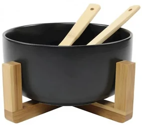 Bol salata Black Rail, ceramica, suport bambus, 20 x 10 cm