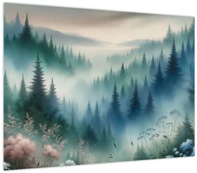 Tablou pe sticlă - Peisaj forestier cu ceață (70x50 cm)