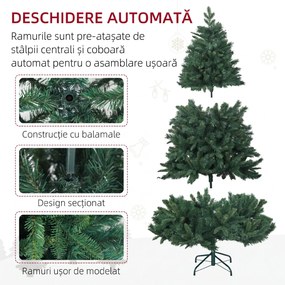 HOMCOM Pom de Crăciun Artificial, Brad Realist Pliabil cu Design cu Balamale și Bază Metalică, Ø102x180 cm, Verde | Aosom Romania