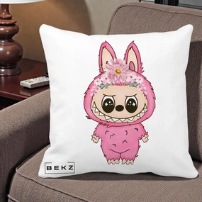 Perna Personalizata Labubu Roz cu Coroana Florala, 40x40 cm, Alba Mata, Husa Detasabila, Perna Inclusa, BEKZ®