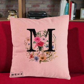 Cadou Personalizat - Perna Personalizata Monogram Litera M cu Flori Acuarela, 40x40 cm, Roz, Husa Detasabila, Perna Inclusa, BEKZ®