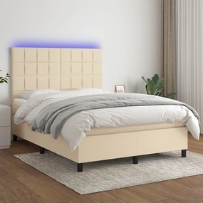 vidaXL Pat cu arcuri, saltea și LED, crem, 140x190 cm, textil